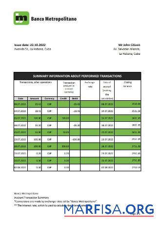 Realistic Cuba Banco Metropolitano bank statement excel download for verification